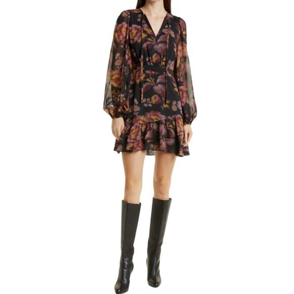 Ted Baker Mini Dress Size 1 US Size 4‎ Black Piara Floral Ruffle Asymmetric